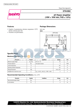 STK4362 datasheet - AF Power Amplifier (10W  10W min, THD = 1.0%)