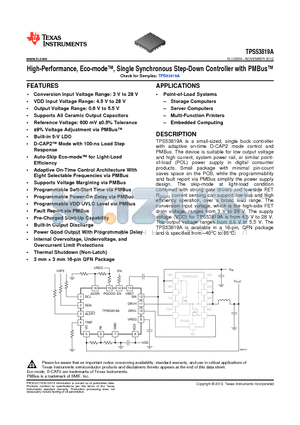 TPS53819ARGTR datasheet - High-Performance, Eco-mode, Single Synchronous Step-Down Controller with PMBus
