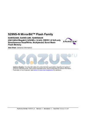 S29NS128N datasheet - 256/128/64 Megabit (16/8/4M x 16-bit), CMOS 1.8 Volt-only Simultaneous Read/Write, Multiplexed, Burst Mode Flash Memory