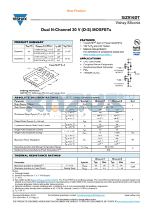 SIZ916DT datasheet - Dual N-Channel 30 V (D-S) MOSFETs