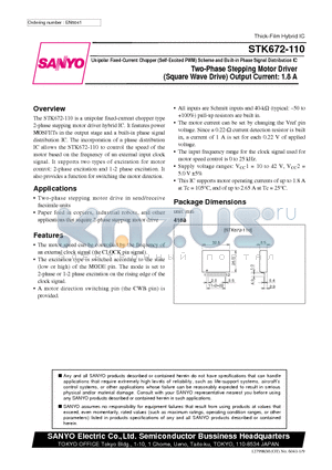 STK672-110 datasheet - Two-Phase Stepping Motor Driver (Square Wave Drive) Output Current: 1.8 A