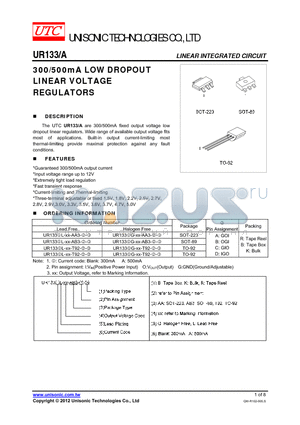 UR133AG-XX-T92-B-B datasheet - 300/500mA LOW DROPOUT LINEAR VOLTAGE REGULATORS