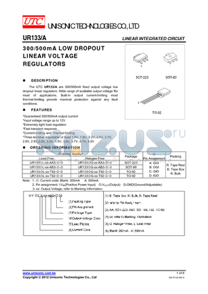 UR133AL-XX-AB3-A-B datasheet - 300/500mA LOW DROPOUT LINEAR VOLTAGE REGULATORS