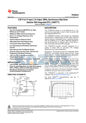TPS54218RTET datasheet - 2.95 V to 6 V Input 2 A Output 2MHz Synchronous Step Down Switcher With Integrated FETs (SWIFT)