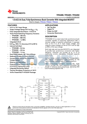 TPS54290PWPR datasheet - 1.5-A/2.5-A Dual, Fully-Synchronous Buck Converter With Integrated MOSFET
