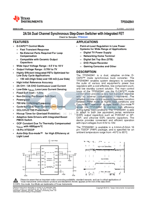 TPS542941 datasheet - 2A/3A Dual Channel Synchronous Step-Down Switcher with Integrated FET
