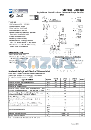 UR2KB100 datasheet - Single Phase 2.0AMPS. Glass Passivated Bridge Rectifiers