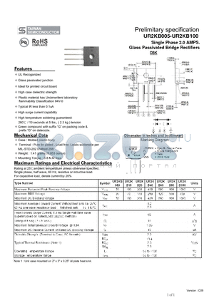 UR2KB80 datasheet - Single Phase 2.0 AMPS. Glass Passivated Bridge Rectifiers