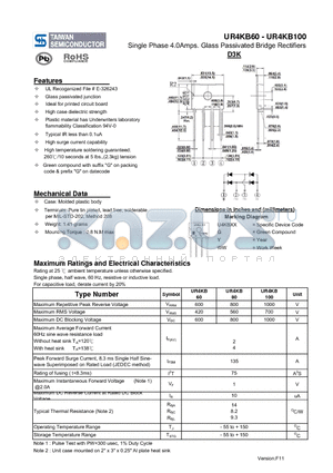 UR4KB60 datasheet - Single Phase 4.0Amps. Glass Passivated Bridge Rectifiers