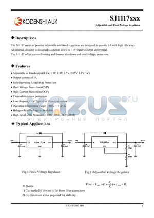 SJ1117-33D datasheet - Adjustable and Fixed Voltage Regulator