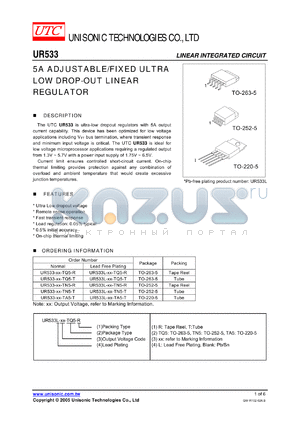 UR533-25-TN5-R datasheet - 5A ADJUSTABLE/FIXED ULTRA LOW DROP-OUT LINEAR REGULATOR