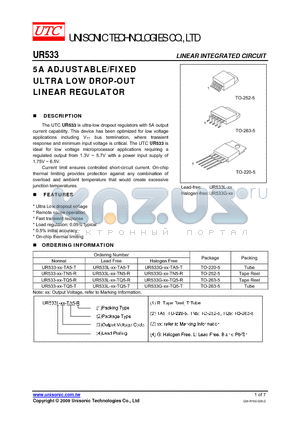 UR533G-XX-TA5-T datasheet - 5A ADJUSTABLE/FIXED ULTRA LOW DROP-OUT LINEAR REGULATOR