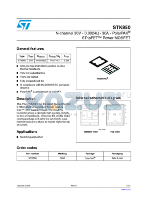 STK800 datasheet - N-channel 30V - 0.0024ohm - 30A - PolarPAK STripFET Power MOSFET