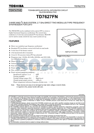 TD7627FN datasheet - 3-WIRE AND I2C BUS SYSTEM, 2.7 GHz DIRECT TWO MODULUS-TYPE FREQUENCY SYNTHESIZER FOR CATV