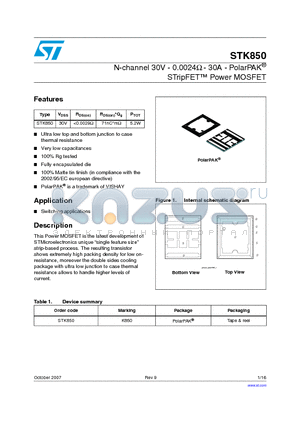 STK850_07 datasheet - N-channel 30V - 0.0024Y - 30A - PolarPAK^ STripFET Power MOSFET