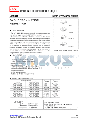 UR5516-S08-R datasheet - 3A BUS TERMINATION REGULATOR