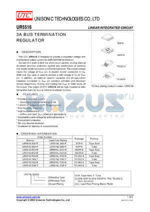 UR5516-SH2-R datasheet - 3A BUS TERMINATION REGULATOR