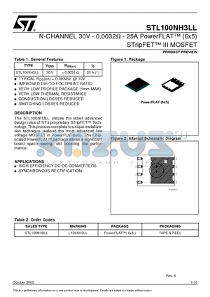 STL100NH3LL datasheet - N-CHANNEL 30V - 0.0032ohm - 25A PowerFLAT (6x5) STripFET III MOSFET