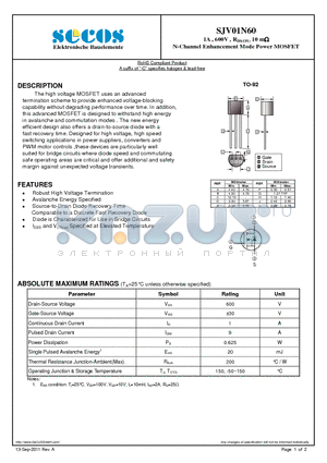 SJV01N60 datasheet - 1A , 600V , RDS(ON) 10 m N-Channel Enhancement Mode Power MOSFET
