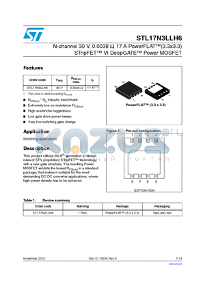 STL17N3LLH6 datasheet - N-channel 30 V, 0.0038 Y, 17 A PowerFLAT(3.3x3.3) STripFET VI DeepGATE Power MOSFET
