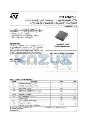 STL28NF3LL datasheet - N-CHANNEL 30V - 0.0055ohm - 28A PowerFLAT LOW GATE CHARGE STripFET MOSFET