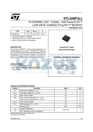 STL30NF3LL datasheet - N-CHANNEL 30V - 0.008ohm - 30A PowerFLAT LOW GATE CHARGE STripFET MOSFET