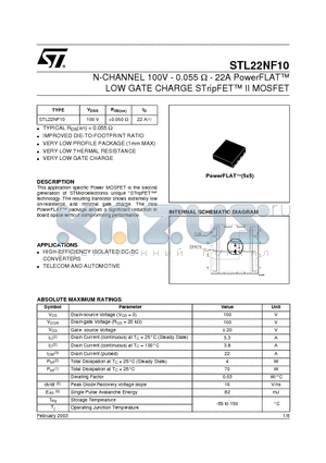 STL22NF10 datasheet - N-CHANNEL 100V - 0.055 ohm - 22A PowerFLAT LOW GATE CHARGE STripFET II MOSFET