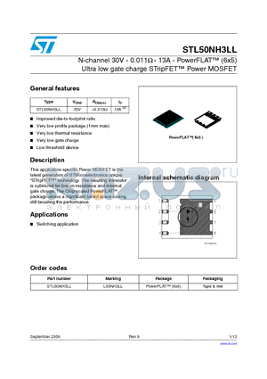 STL50NH3LL datasheet - N-channel 30V - 0.011ohm - 13A - PowerFLAT (6x5) Ultra low gate charge STripFET Power MOSFET