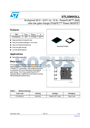 STL50NH3LL datasheet - N-channel 30 V - 0.011 Y - 13 A - PowerFLAT (6x5) ultra low gate charge STripFET Power MOSFET