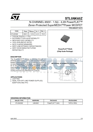 STL5NK65Z datasheet - N-CHANNEL 650V - 1.5ohm - 4.2A PowerFLAT Zener-Protected SuperMESHPower MOSFET
