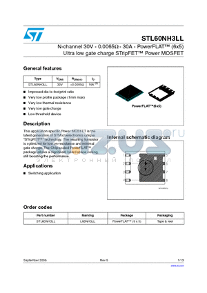 STL60NH3LL datasheet - N-channel 30V - 0.0065ohm - 30A - PowerFLAT (6x5) Ultra low gate charge STripFET Power MOSFET