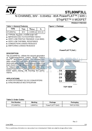 STL80NF3LL datasheet - N-CHANNEL 30V - 0.0045ohm - 80A PowerFLAT(6X5) STripFET II MOSFET