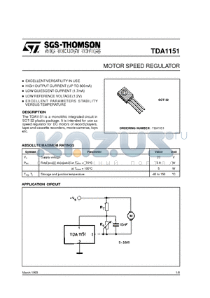 TDA1151 datasheet - MOTOR SPEED REGULATOR