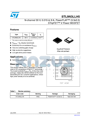 STL9N3LLH5 datasheet - N-channel 30 V, 0.015 Y, 9 A, PowerFLAT (3.3x3.3) STripFET V Power MOSFET