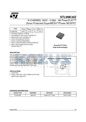 STL9NK30Z datasheet - N-CHANNEL 300V - 0.36ohm - 9A PowerFLAT Zener-Protected SuperMESHPower MOSFET