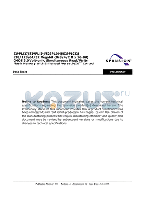 S29PL127J70 datasheet - CMOS 3.0 Volt-only, Simultaneous Read/Write Flash Memory with Enhanced VersatileIO Control