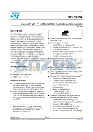 STLC2592 datasheet - Bluetooth V2.1(a) EDR and RDS FM radio combo solution