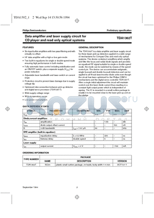 TDA1302T datasheet - Data amplifier and laser supply circuit for CD player and read only optical systems