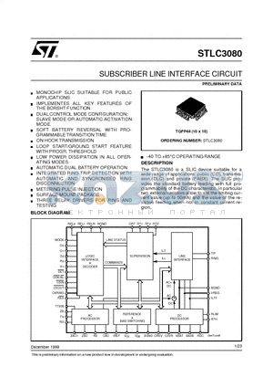 STLC3080 datasheet - SUBSCRIBER LINE INTERFACE CIRCUIT