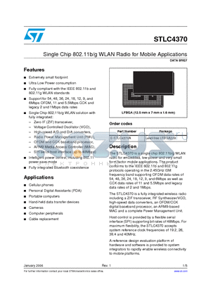 STLC4370 datasheet - Single Chip 802.11b/g WLAN Radio for Mobile Applications