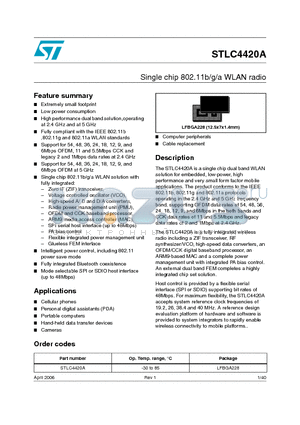 STLC4420A datasheet - Single chip 802.11b/g/a WLAN radio