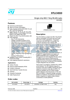 STLC4550 datasheet - Single chip 802.11b/g WLAN radio