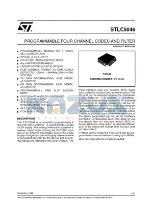 STLC5046 datasheet - PROGRAMMABLE FOUR CHANNEL CODEC AND FILTER