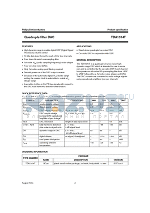 TDA1314T datasheet - Quadruple filter DAC