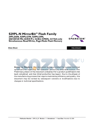 S29PL127N80GAW003 datasheet - 256/128/128 Mb (16/8/8 M x 16-Bit) CMOS, 3.0 Volt-only Simultaneous Read/Write, Page-Mode Flash Memory