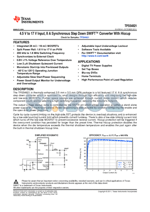 TPS54821RHLR datasheet - 4.5 V to 17 V Input, 8 A Synchronous Step Down SWIFT Converter With Hiccup