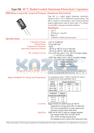 SK010M050ST datasheet - 85 C Radial Leaded Aluminum Electorlytic Capacitors