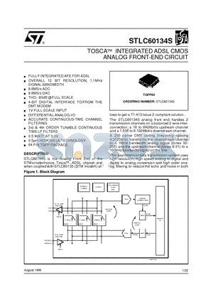 STLC60134S datasheet - TOSCA  INTEGRATED ADSL CMOS ANALOG FRONT-END CIRCUIT