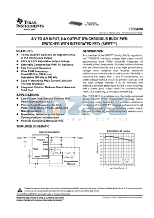 TPS54910 datasheet - 3-V TO 4-V INPUT, 9-A OUTPUT SYNCHRONOUS BUCK PWM SWITCHER WITH INTEGRATED FETs (SWIFT)
