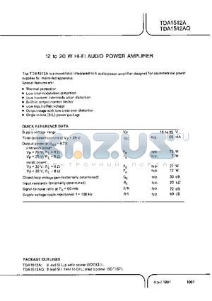 TDA1512A datasheet - 12 TO 20 W HI FI AUDIO POWER AMPLIFIER